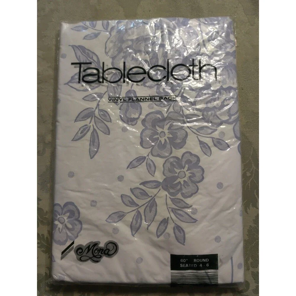Tablecloth VINTAGE NEW Vinyl Flannel Back  60” ROUND Blue white floral